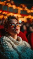 Young woman enjoys a cinematic experience with vibrant lights reflecting in her sunglasses during an evening show photo