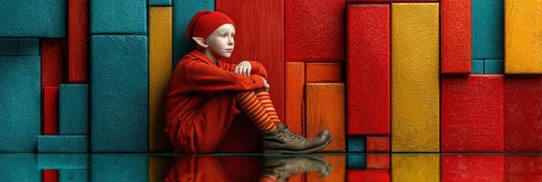 Child in vibrant red costume sits against colorful geometric background in an artistic playroom during afternoon light photo
