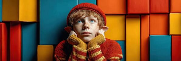 Young boy in colorful sweater and hat ponders amidst vibrant geometric blocks in a playful indoor setting photo