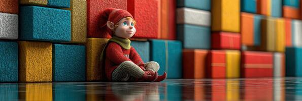 Colorful building blocks surround a joyful elf sitting quietly on a reflective floor in a playful environment photo