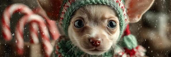 Cute chihuahua wearing a festive sweater and hat poses in a cozy setting during winter season photo