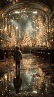 Child gazes in wonder at festive decorations in ornate hall during Christmas season photo