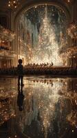 Child gazes in awe at a sparkling holiday concert in a grand auditorium filled with lights and reflections photo