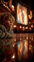 Child gazes in awe at large screen display during festive gathering in cozy indoor setting photo
