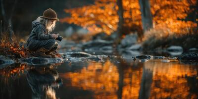 Child capturing autumn reflections by the river during golden hour, surrounded by vibrant foliage photo
