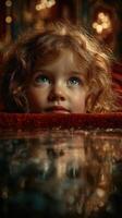 Child gazes thoughtfully at reflections in water during evening ambiance photo