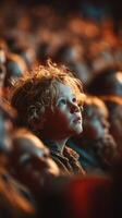 Child in a crowded event gazes upward with wonder during a performance in an indoor venue in the evening photo