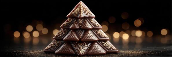 Chocolate pyramid crafted from artisan chocolates decorated with elegant patterns on a dark, festive background photo