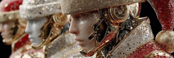 Elegant robotic mannequins display intricate designs at a fashion exhibition in a modern gallery photo