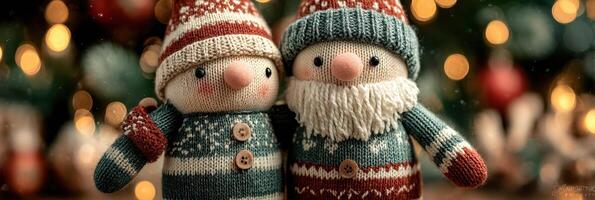Cute knitted holiday ornaments in a festive setting with warm lighting and a Christmas tree backdrop photo