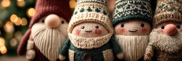 Cozy holiday decorations featuring handmade gnome figures with cheerful expressions set against a festive backdrop photo