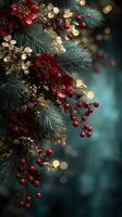Festive floral arrangement with red flowers and golden embellishments in a cozy indoor setting during winter photo