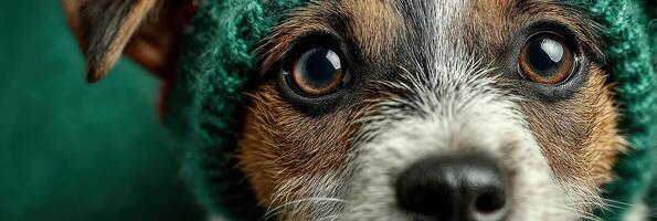 Close-up of a dog wearing a green knitted hat with expressive eyes looking directly at the camera photo