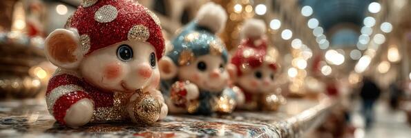 Colorful holiday decorations featuring cheerful figures in a festive market setting photo