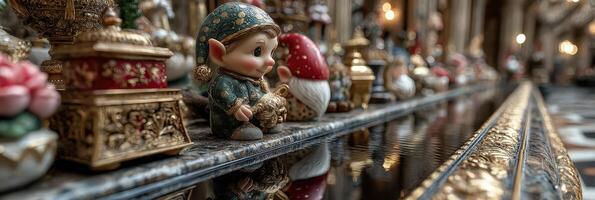 Collectible figurines displayed on an ornate table in an elegant setting during the late afternoon photo