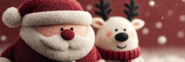 Santa Claus and reindeer plush toys enjoying a festive winter moment during the holiday season photo