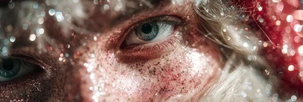 Close-up of a festive character's eye adorned with glitter during a holiday celebration at a winter festival venue photo