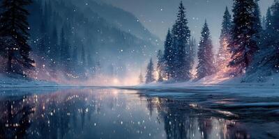Winter landscape with snow falling over a serene river in a forest during twilight hours photo