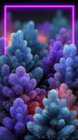 Colorful forest of vibrant trees with purple and blue hues under glowing lights at twilight photo