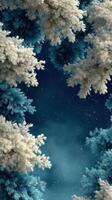 Snowy forest canopy at night with blue and white trees creating a magical winter scene photo