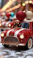 Classic red miniature car displays festive ornaments in a holiday market setting photo