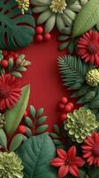 Colorful floral arrangement featuring greenery and vibrant blooms on a red background for festive decor and celebrations photo