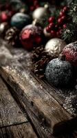 Festive holiday decorations adorned with ornaments and natural elements on a rustic wooden surface photo