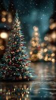 Twinkling lights on a colorful Christmas tree in a festive street during a snowy evening photo