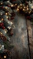 Holiday wreath with lights and natural decorations on rustic wooden surface photo