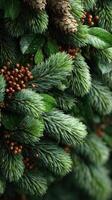 Lush evergreen branches adorned with pinecones and berries in a natural setting during late autumn photo