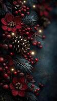 Festive arrangement of red flowers, pinecones, and berries against a dark background with soft lights photo