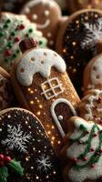 Decorative gingerbread cookies in festive shapes displayed with colorful icing photo