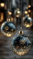 Holiday ornaments hanging in a festive setting with soft lights during winter evenings photo