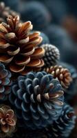 Intricate close-up of various pine cones showcasing natural textures and colors in a forest setting photo