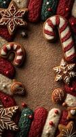 Decorative gingerbread cookies arranged on a sandy surface with festive colors and patterns during the holiday season photo