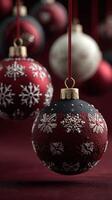 Colorful Christmas ornaments hang elegantly on strings, showcasing intricate designs for festive decoration photo