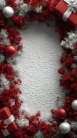 Decorative holiday wreath made of red and silver ornaments showcasing a snowy background, ideal for festive celebrations photo
