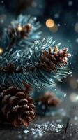 Winter wonderland with snow-covered pine branches and pine cones lit by soft lights at night photo