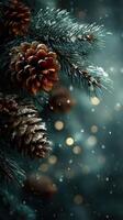 Beautiful snow-covered pine branches with cones in a winter setting during a serene snowfall photo