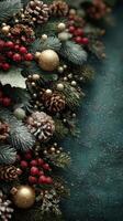 Decorative holiday arrangement featuring pine cones, ornaments, and berries on a dark green background photo