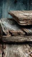 Textures of nature reveal aged wooden planks layered atop each other with snowflakes softly falling in a rustic setting photo