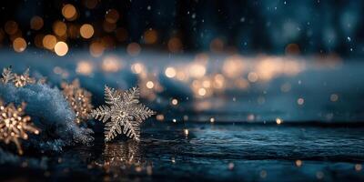 Intricate snowflakes resting on a reflective surface with warm bokeh lights in a winter wonderland setting photo