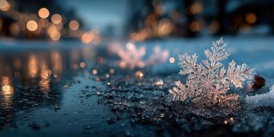Snowflakes scattered on a frozen surface with colorful bokeh lights reflecting in the background at dusk photo