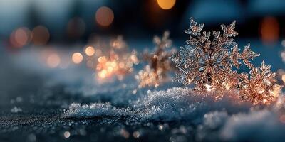Snowflakes glisten with warm lights in a tranquil winter setting during the evening hours photo