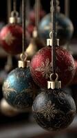 Colorful holiday ornaments hang elegantly with intricate designs, creating a festive atmosphere for seasonal celebrations and gatherings photo