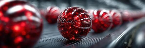 Shiny red glass orbs rolling on a conveyor belt in an industrial setting during daylight photo