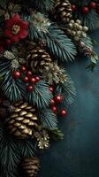 Decorative winter arrangement featuring pinecones, red berries, and green foliage on a textured background photo
