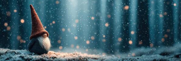 Beautiful winter scene with a gnome under falling snow in a forest illuminated by soft light photo