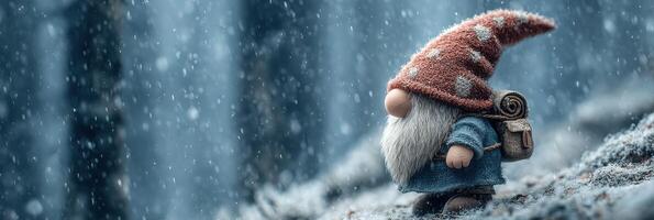 Little gnome explores snowy forest during winter wonderland adventure at dusk photo