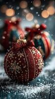 Beautifully decorated Christmas ornaments with snowflakes and a festive background in a cozy setting during winter photo
